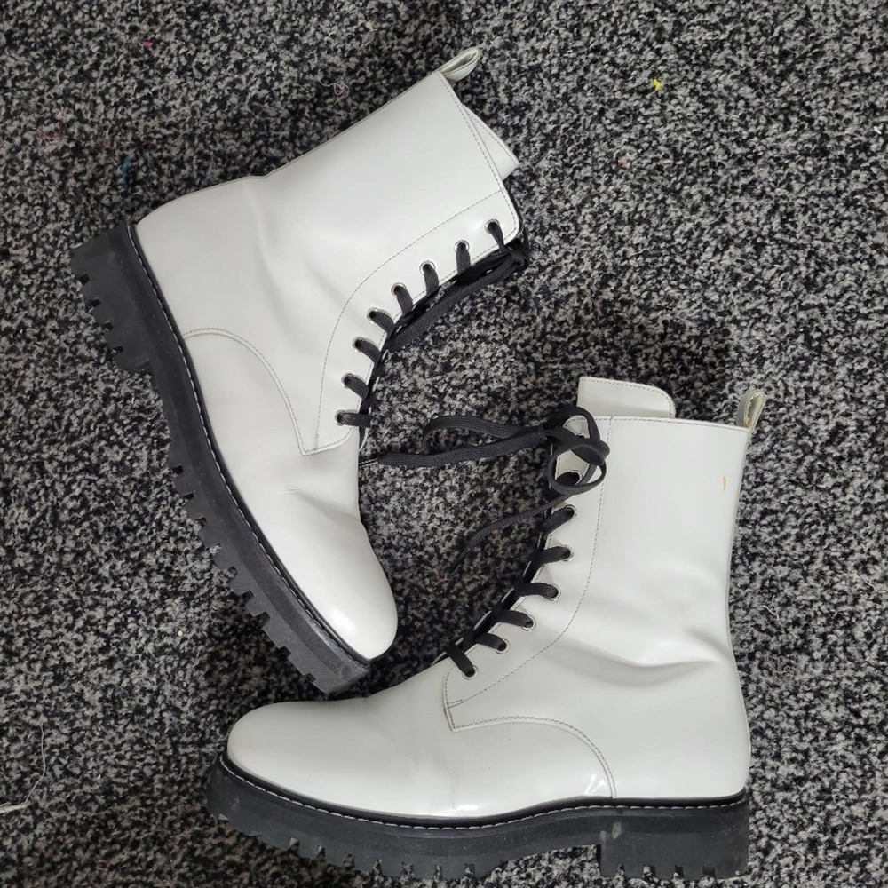 Thursday Boot Company White Leather Combat Boots with Black Laces and Soles